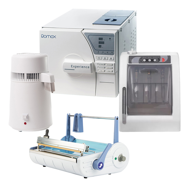 Комплект Romax: автоклав YS22L (22 л)  с принтером + дистиллятор Z500 (4 л) + запечатывающее устройство SEAL F300A + аппарат для смазки и чистки наконечников LUB-900B | Romax (Китай)